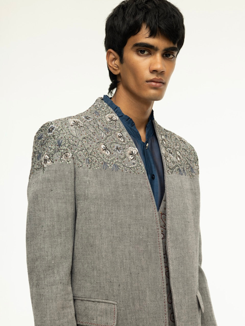 Yoke-Embroidered Denim Coat