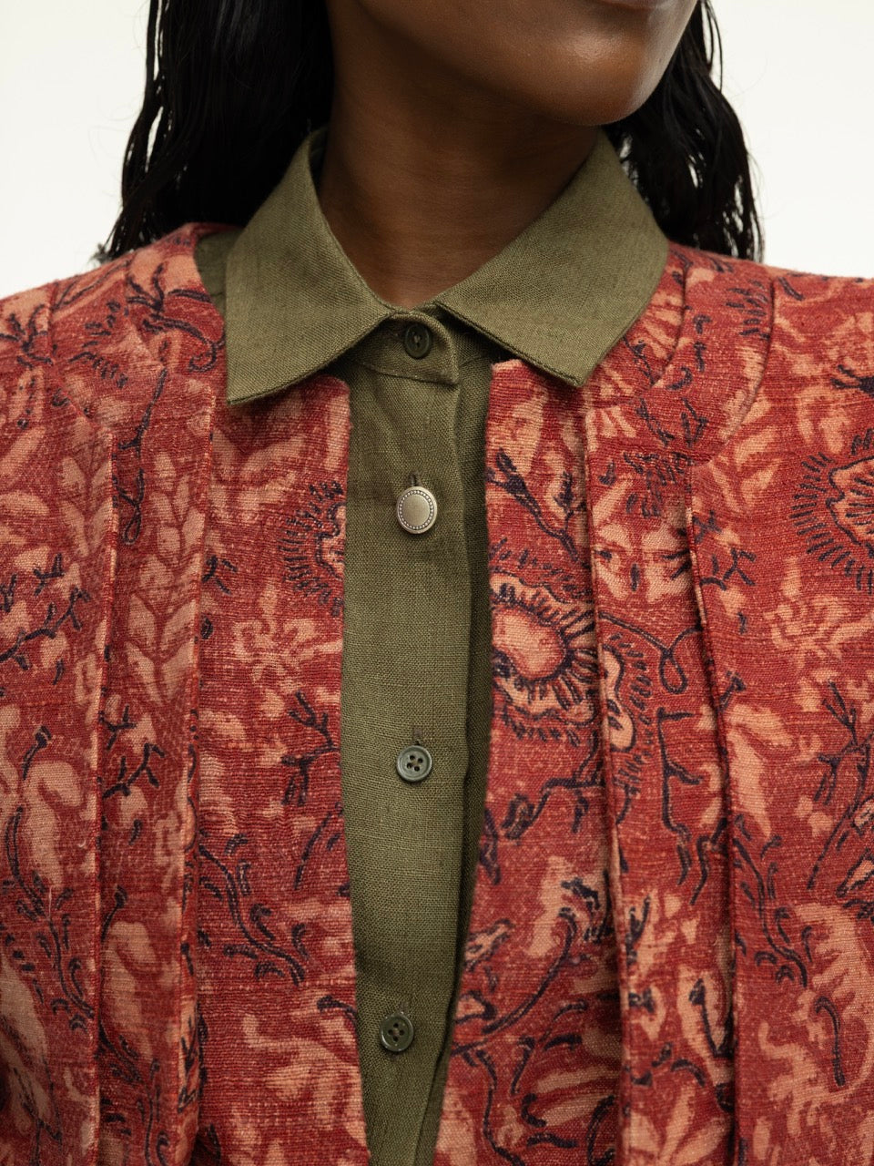 Multi-Layered Ajrak Sleeveless Jacket